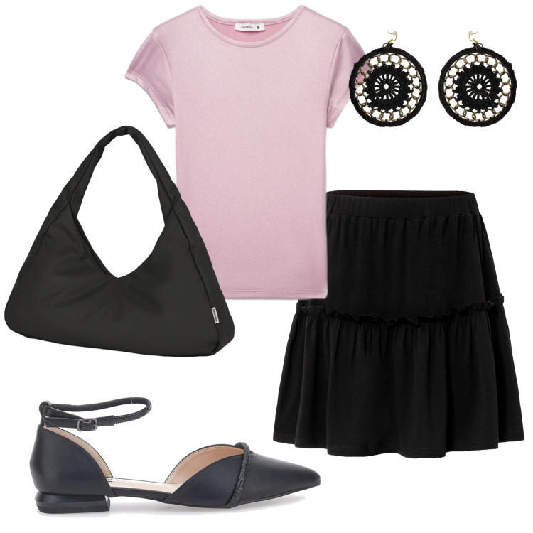 Outfit donna - Total look #2411115. Stile Basic per Ufficio. Abbinamento con gonne, t-shirt, orecchini, borse a spalla, ballerine.