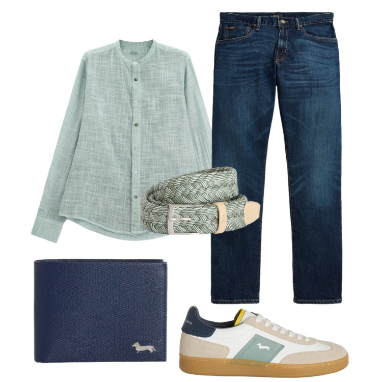 Outfit uomo - Casual chic per l’aperitivo. Stile Trendy per Serata speciale. Abbinamento con camicie, portafogli, cinture, sneakers, jeans dritti.