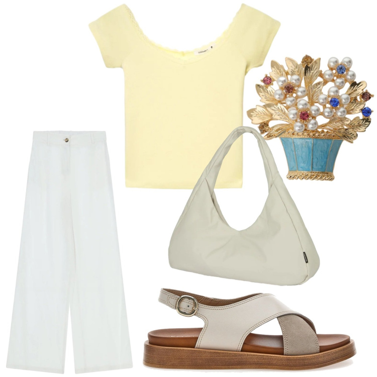 Outfit donna - Colori neutri. Stile Casual per Tutti i giorni. Abbinamento con t-shirt, blazer, pantaloni, borse a spalla, sandali.
