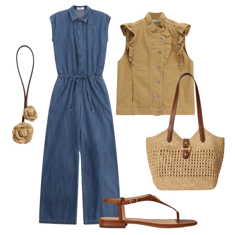 Outfit donna - Jumpsuite leggera. Stile Urban per Tutti i giorni. Abbinamento con tute, gilet, sandali in pelle, ciondoli, borse tote.
