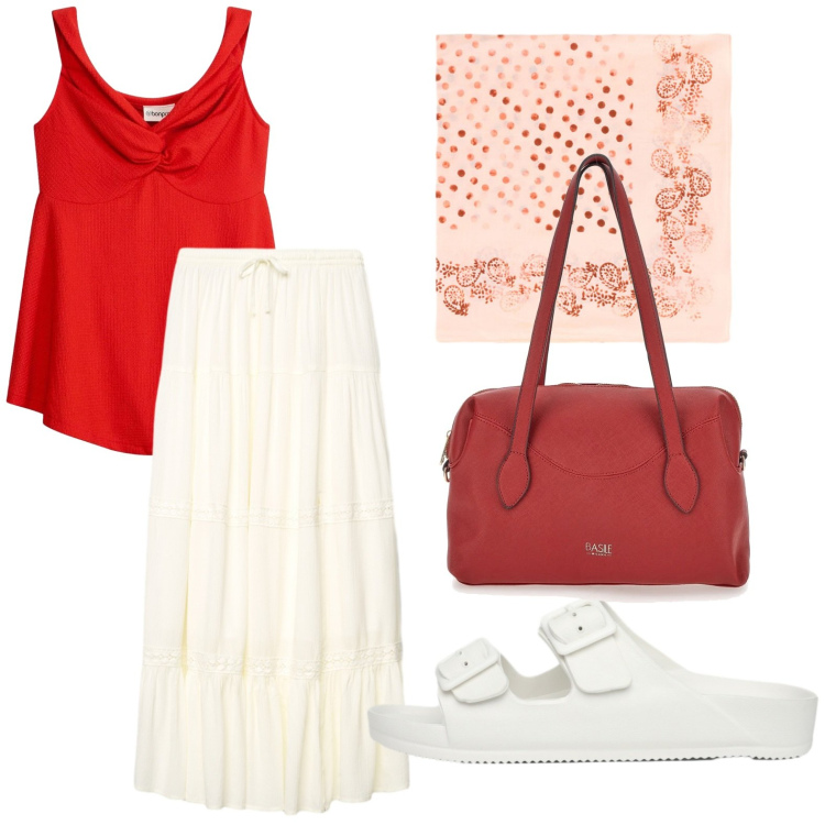 Outfit donna - Energia di colori. Stile Casual per Serata fuori. Abbinamento con top, ciabatte, gonne lunghe, foulard, borse a spalla.