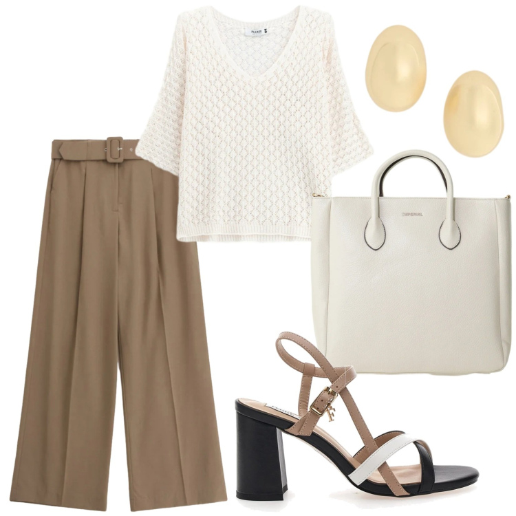 Outfit donna - Effortless. Stile Minimal per Tutti i giorni. Abbinamento con borse a tracolla, canottiere, pantaloni a palazzo, orecchini, sandali col tacco.