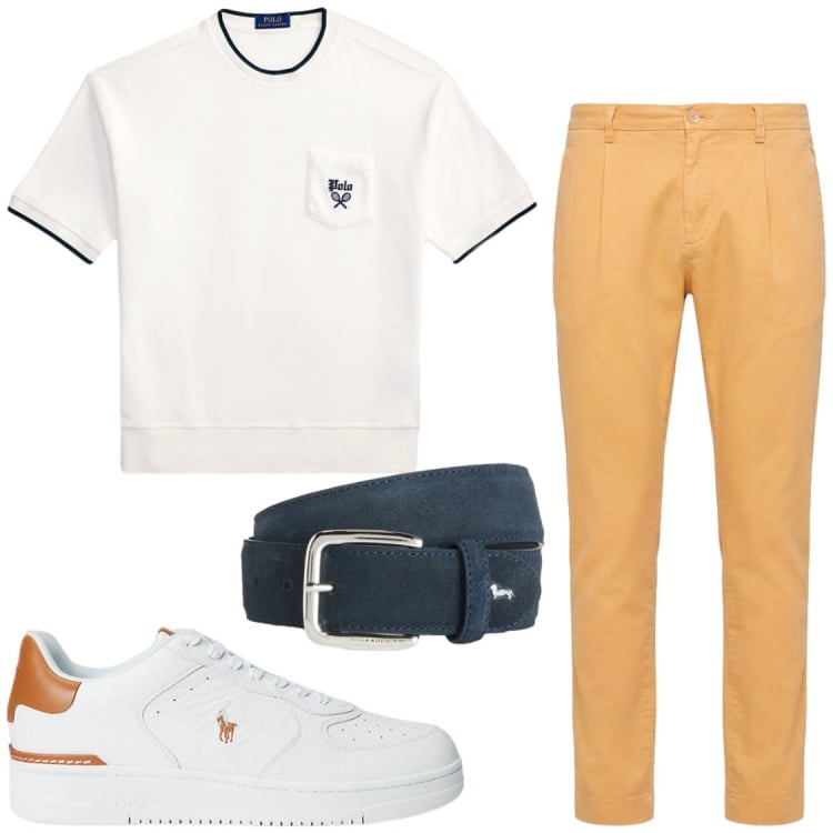 Outfit uomo - Chino Ocra e Accenti Navy-White. Stile Trendy per Serata speciale. Abbinamento con cinture, pantaloni, sneakers, t-shirt.