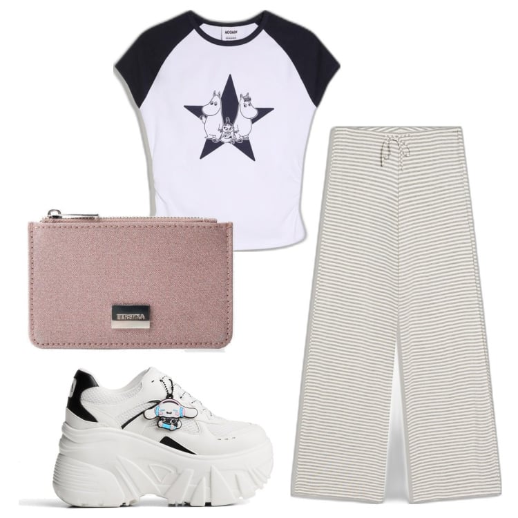 Outfit mujer - Casual look. Estilo Casual para Escuela/Universidad. Combinación con camiseta, sneakers, monederos, pantalones.