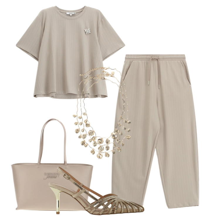 Outfit donna - Completo rilassato di sera. Stile Casual chic per Serata fuori. Abbinamento con pantaloni, t-shirt, décolleté, collane, borse a spalla.