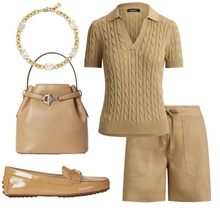 Outfit donna - Total look #2411141. Stile Basic per Tutti i giorni. Abbinamento con polo, mocassini, borse a secchiello, braccialetti, shorts.