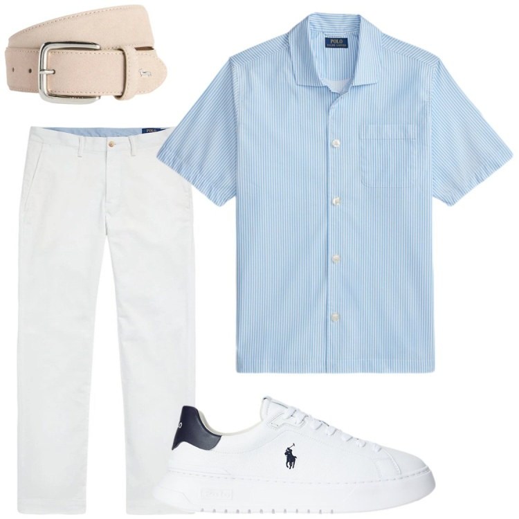 Outfit uomo - Freschezza Riviera. Stile Trendy per Tutti i giorni. Abbinamento con cinture, pantaloni, sneakers, camicie a manica corta.