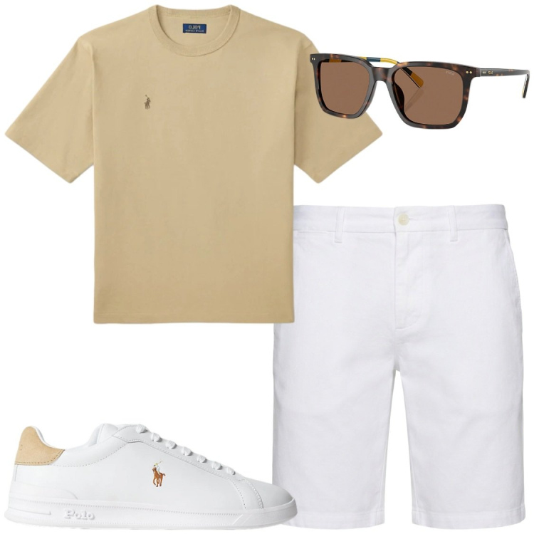 Outfit uomo - Essenza Minimal: Toni Sabbia e bianco. Stile Trendy per Tutti i giorni. Abbinamento con bermuda, sneakers, t-shirt, occhiali da sole.