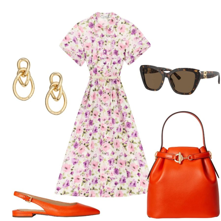 Outfit donna - Total look #2411146. Stile Casual chic per Tutti i giorni. Abbinamento con vestiti midi/longuette, ballerine, occhiali da sole, borse a secchiello, orecchini.