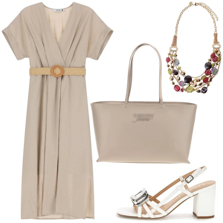 Outfit donna - Total look #2411147. Stile Minimal per Tutti i giorni. Abbinamento con vestiti midi/longuette, collane, sandali in pelle, borse a spalla.