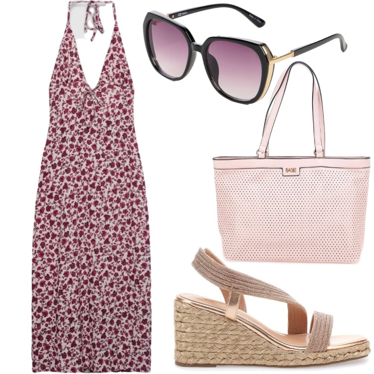 Outfit donna - Scollo e fiori. Stile Chic per Serata fuori. Abbinamento con occhiali da sole, vestiti midi/longuette, sandali, borse a spalla.