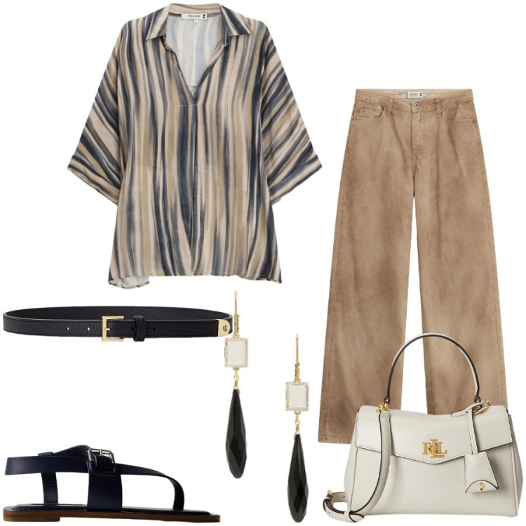 Outfit donna - Total look #2411152. Stile Casual chic per Tutti i giorni. Abbinamento con pantaloni a palazzo, camicie, cinture, borse a mano, sandali in pelle, orecchini.