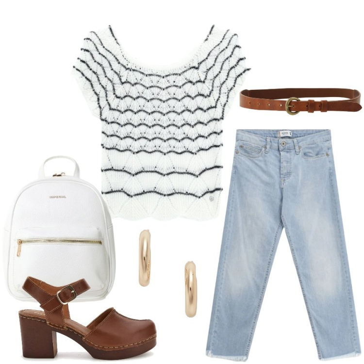 Outfit donna - Total look #2411154. Stile Casual chic per Tutti i giorni. Abbinamento con zaini, canottiere, jeans, cinture, orecchini, zoccoli.