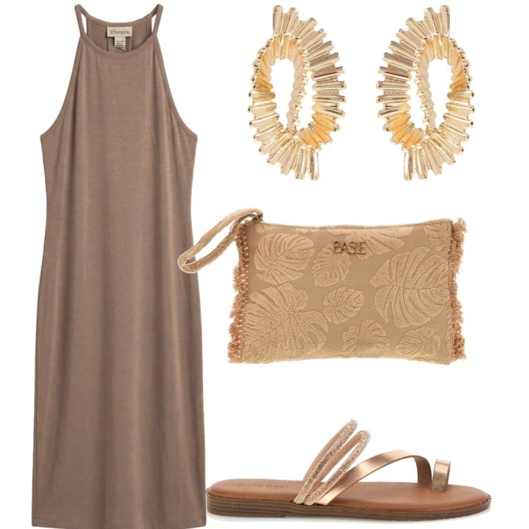 Outfit donna - Pelle abbronzata con riflessi oro. Stile Glamour per Serata fuori. Abbinamento con vestiti, orecchini, pochette, ciabatte.