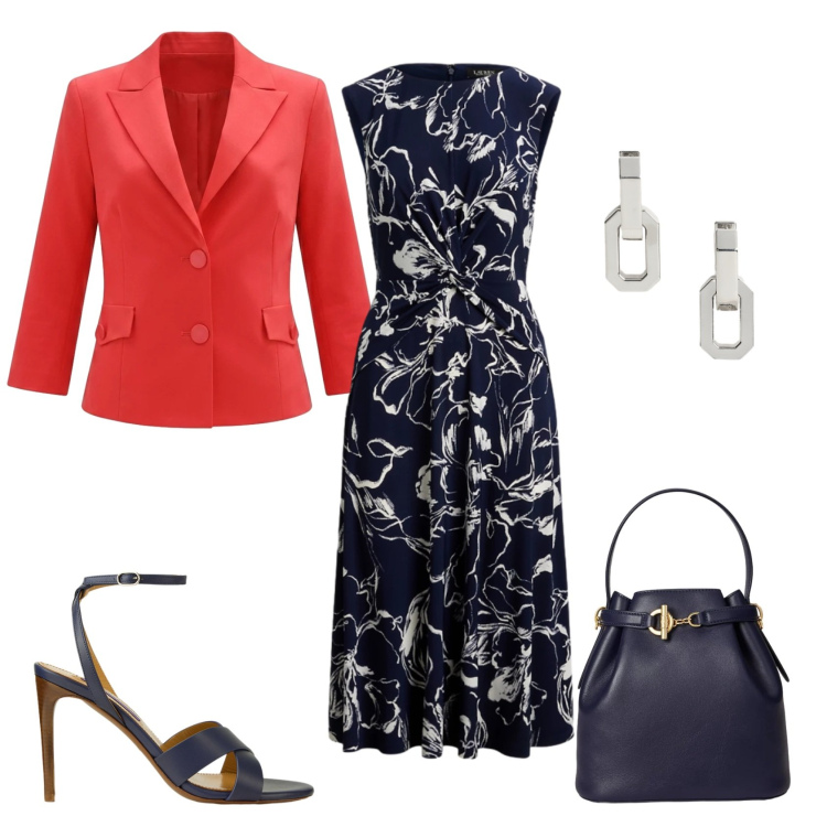Outfit donna - Total look #2411163. Stile Chic per Cerimonia. Abbinamento con blazer, sandali col tacco, orecchini, borse a secchiello, vestiti.