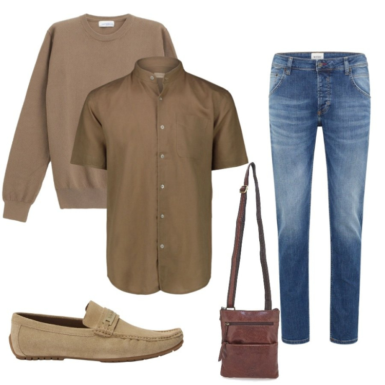 Outfit uomo - Total look #2411165. Stile Casual per Tutti i giorni. Abbinamento con jeans dritti, maglieria, scarpe stringate, camicie a manica corta, portafogli.