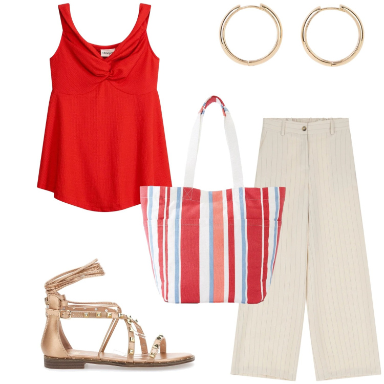 Outfit donna - Total look #2411166. Stile Casual per Tutti i giorni. Abbinamento con shopping bag, orecchini, top, pantaloni a palazzo, sandali alla schiava.