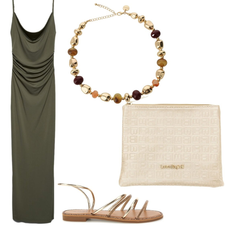 Outfit donna - Vestiti semplici lunghi e dettagli oro. Stile Glamour per Serata fuori. Abbinamento con vestiti lunghi, collane, pochette, sandali.