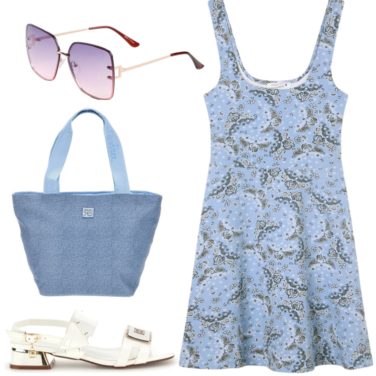 Outfit donna - Total look #2411170. Stile Romantica per Tutti i giorni. Abbinamento con occhiali da sole, vestiti corti, shopping bag, sandali col tacco.