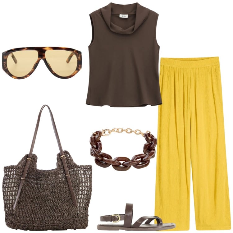 Outfit donna - Total look #2411171. Stile Casual per Tutti i giorni. Abbinamento con pantaloni, shopping bag, braccialetti, sandali, occhiali da sole, top.