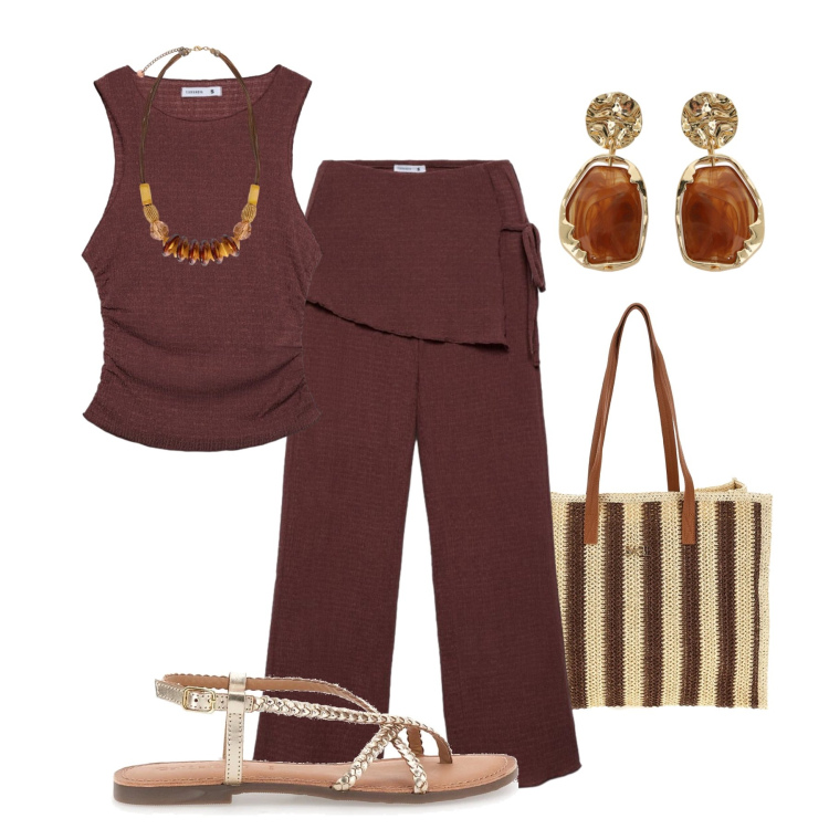 Outfit donna - Estate mogano. Stile Trendy per Tutti i giorni. Abbinamento con pantaloni, top, orecchini, collane, borse a spalla, sandali.