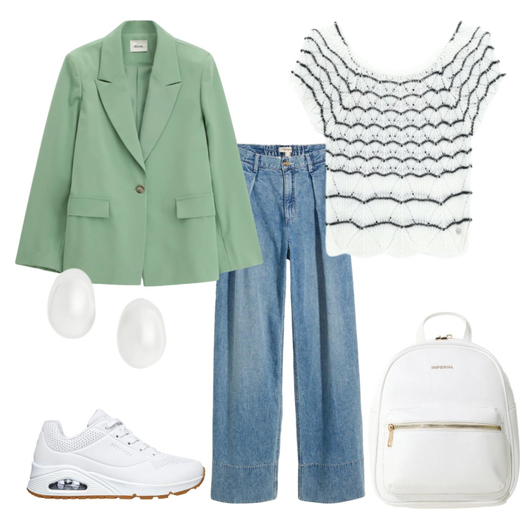 Outfit donna - Total look #2411173. Stile Casual chic per Ufficio. Abbinamento con jeans, zaini, canottiere, blazer, orecchini, sneakers.
