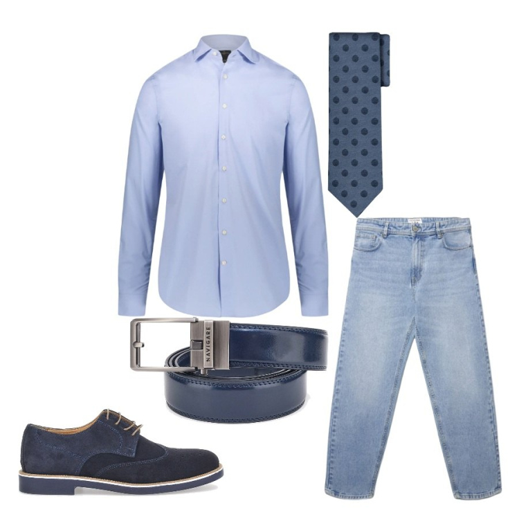 Outfit uomo - Total look #2411179. Stile Casual per Serata speciale. Abbinamento con jeans, camicie, cravatte, scarpe stringate, cinture.