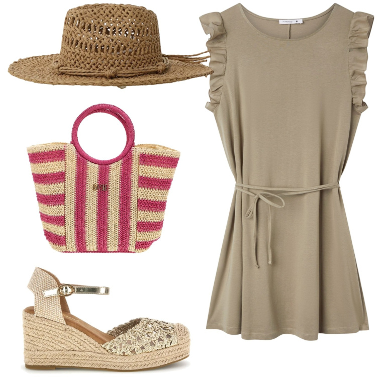 Outfit donna - Total look #2411180. Stile Trendy per Tutti i giorni. Abbinamento con vestiti corti, cappelli, zeppe, borse a mano.