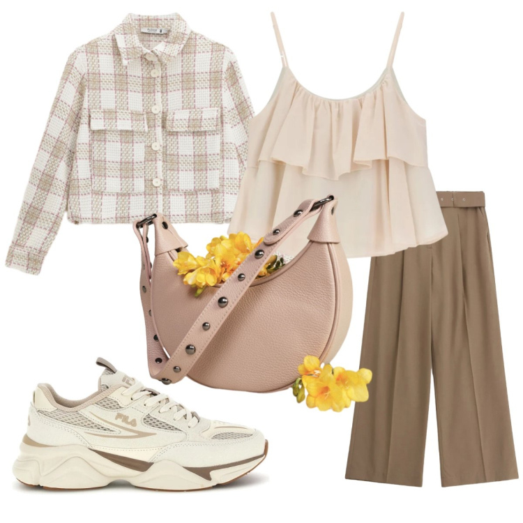 Outfit donna - Il top romantico. Stile Casual chic per Tutti i giorni. Abbinamento con pantaloni a palazzo, top, cappotti, borse a spalla, sneakers.
