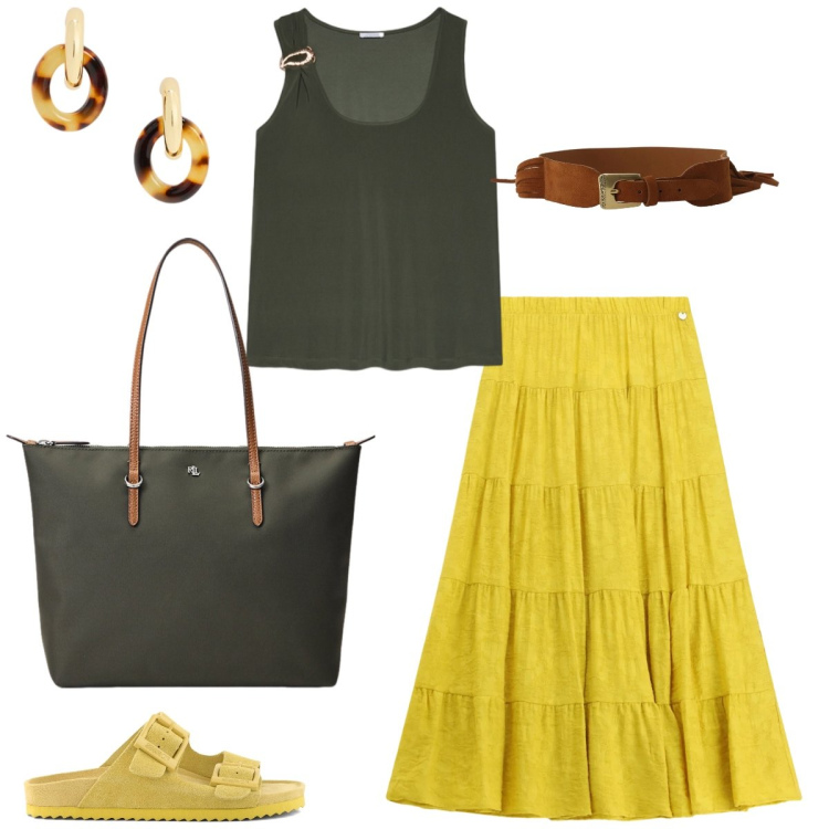 Outfit donna - Total look #2411193. Stile Boho per Tutti i giorni. Abbinamento con gonne lunghe, canottiere, borse tote, orecchini, cinture, sandali in pelle.