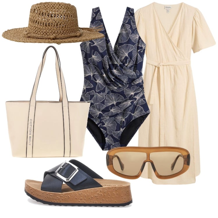 Outfit donna - Il Costume intero incrociato. Stile Bon Ton per Mare. Abbinamento con costumi interi, vestiti, occhiali da sole, cappelli, ciabatte, shopping bag.