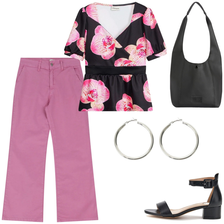 Outfit donna - Total look #2411199. Stile Chic per Tutti i giorni. Abbinamento con bluse, borse a spalla, jeans, orecchini, sandali col tacco.