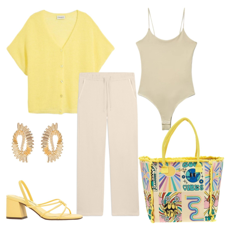 Outfit donna - Total look #2411201. Stile Casual chic per Ufficio. Abbinamento con sandali col tacco, cardigans, canottiere, pantaloni, orecchini, borse a spalla.
