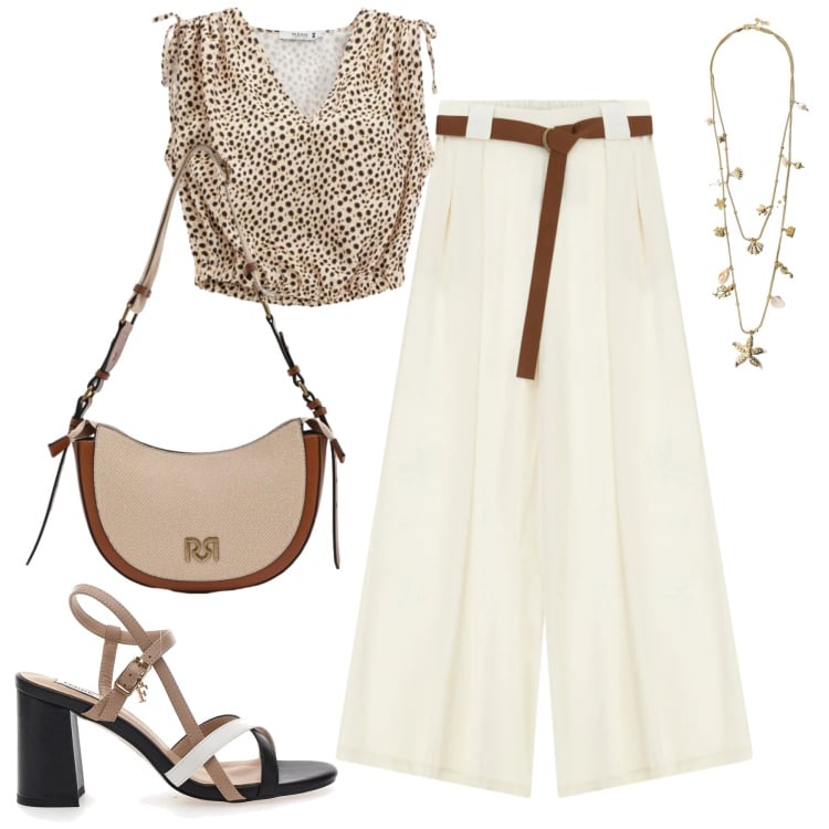 Outfit donna - Giugno. Stile Urban per Tutti i giorni. Abbinamento con borse a tracolla, collane, top, pantaloni a palazzo, sandali col tacco.
