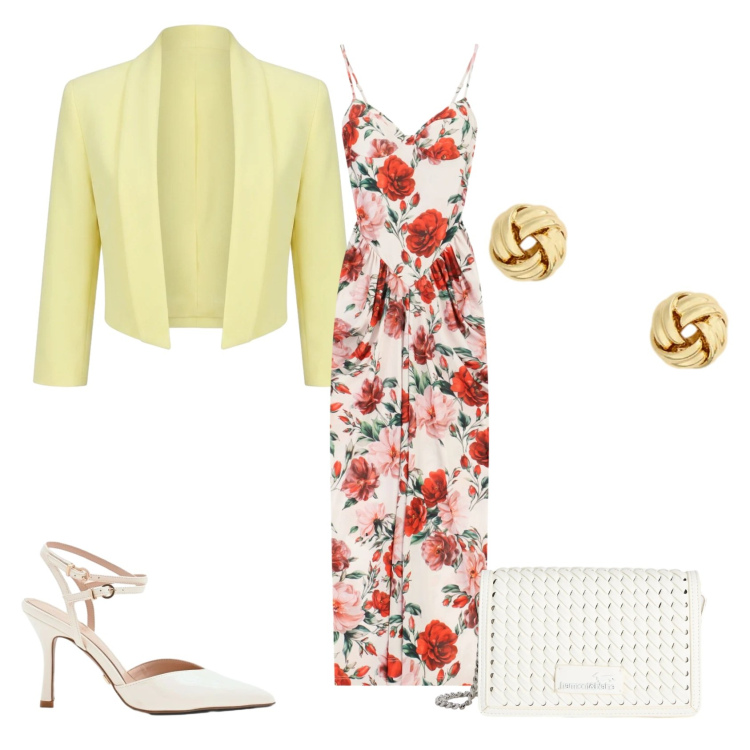 Outfit donna - Total look #2411205. Stile Chic per Cerimonia. Abbinamento con bolero, décolleté, vestiti lunghi, borse a tracolla, orecchini.
