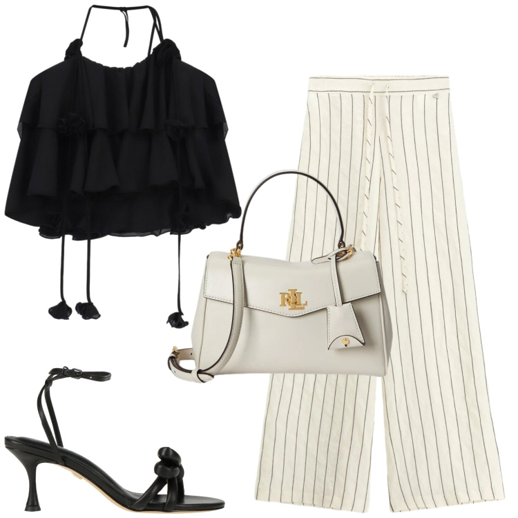 Outfit donna - Il top particolare. Stile Urban per Tutti i giorni. Abbinamento con sandali in pelle, top, pantaloni a palazzo, borse a mano.