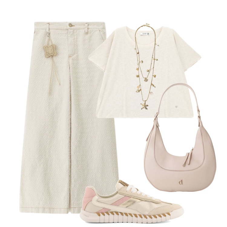Outfit donna - Rilassata e luminosa. Stile Urban per Tutti i giorni. Abbinamento con collane, pantaloni a palazzo, top, borse a tracolla, sneakers.