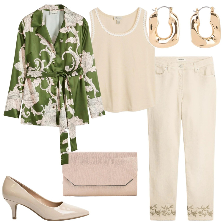 Outfit donna - Cerimonia di settembre. Stile Chic per Cerimonia. Abbinamento con pantaloni, bluse, canottiere, orecchini, décolleté, pochette.