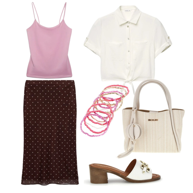 Outfit donna - 90 mood. Stile Casual per Tutti i giorni. Abbinamento con camicie a manica corta, gonne lunghe, canottiere, sandali col tacco, braccialetti, borse a tracolla.