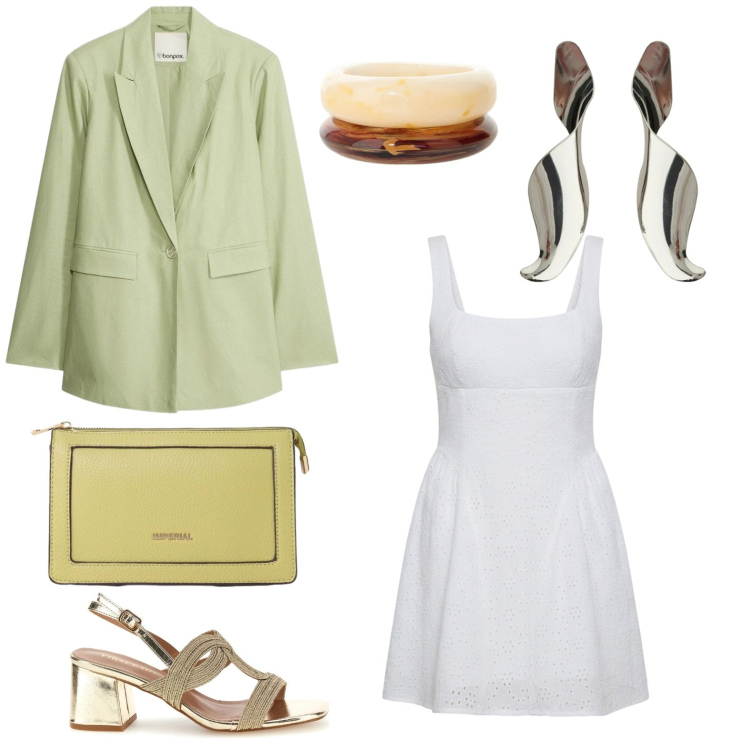 Outfit donna - Verde fresco. Stile Chic per Ufficio. Abbinamento con blazer, vestiti corti, borse a tracolla, orecchini, braccialetti, sandali col tacco.