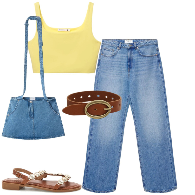 Outfit donna - Jeans e top. Stile Casual per Tutti i giorni. Abbinamento con minigonne, jeans dritti, canottiere, braccialetti, sandali.