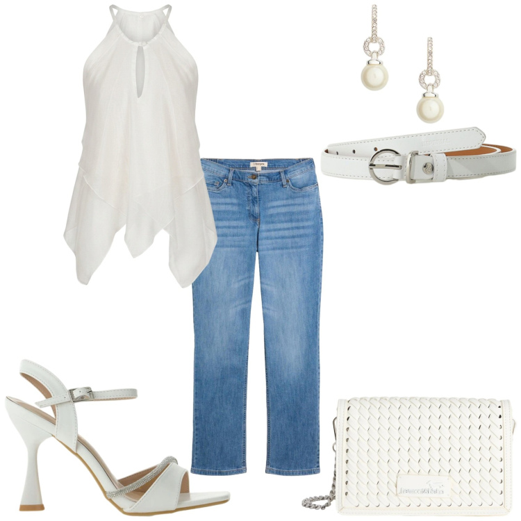 Outfit donna - Festa del sabato sera. Stile Casual chic per Serata fuori. Abbinamento con jeans dritti, canottiere, cinture, sandali gioiello, borse a tracolla, orecchini.