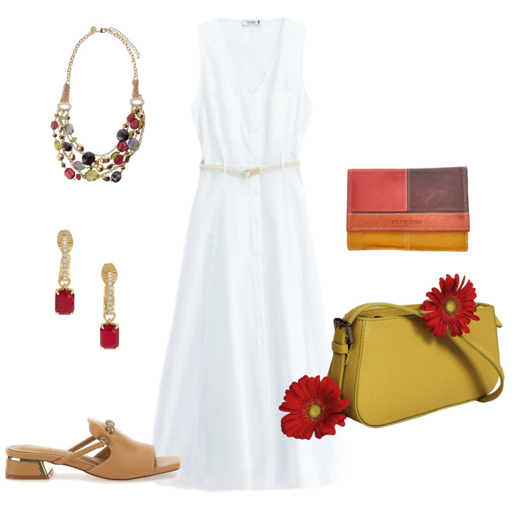 Outfit donna - Senza pensieri. Stile Glamour per Tutti i giorni. Abbinamento con vestiti lunghi, collane, borse a spalla, orecchini, ciabatte, portafogli.