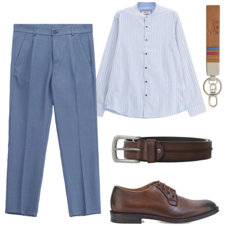 Outfit uomo - Aperitivo vista tramonto. Stile Business/Elegante per Tutti i giorni. Abbinamento con pantaloni, cinture, camicie, portachiavi, scarpe stringate.