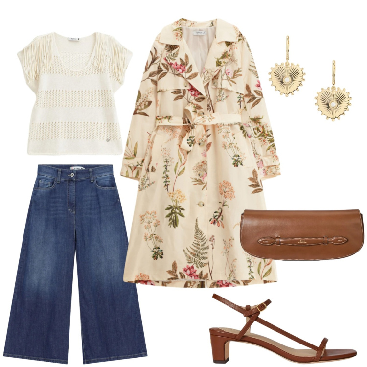 Outfit donna - Trench a fiori. Stile Romantica per Scuola/Università. Abbinamento con trench, top, gonne, clutch, sandali in pelle, orecchini.
