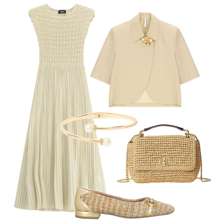 Outfit donna - Cerimonia a Giugno. Stile Chic per Cerimonia. Abbinamento con ballerine, blazer, vestiti lunghi, borse a spalla, braccialetti.