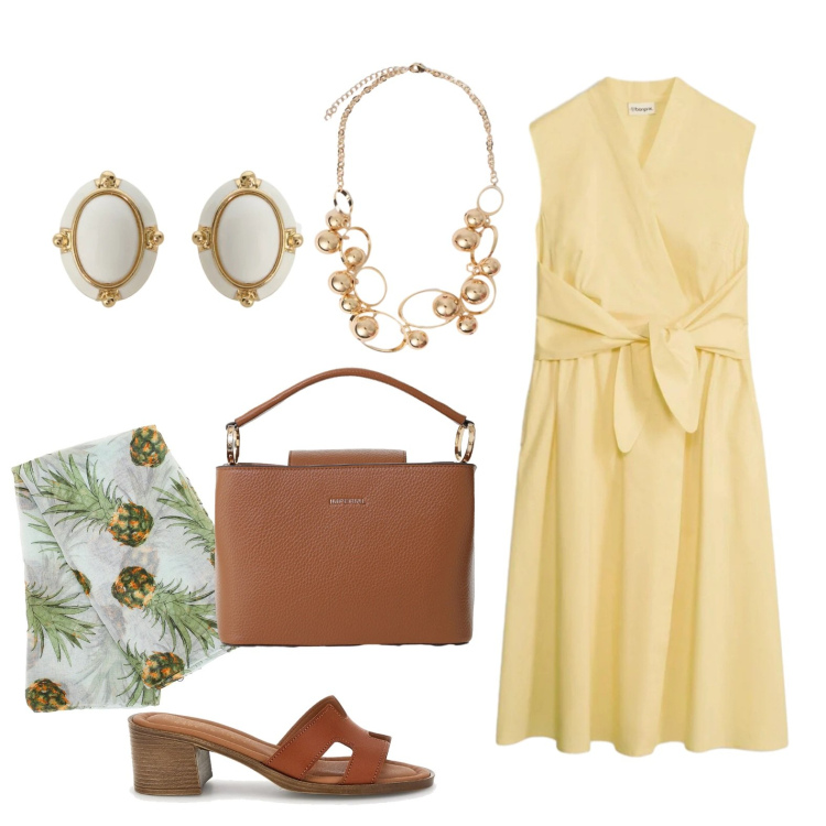 Outfit donna - Abito giallo. Stile Preppy per Tutti i giorni. Abbinamento con vestiti, borse a secchiello, orecchini, collane, sandali col tacco, foulard.