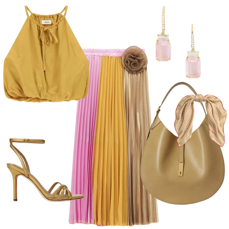 Outfit donna - Cerimonia vip. Stile Glamour per Cerimonia. Abbinamento con orecchini, borse a spalla, sandali in pelle, foulard, gonne lunghe, top.
