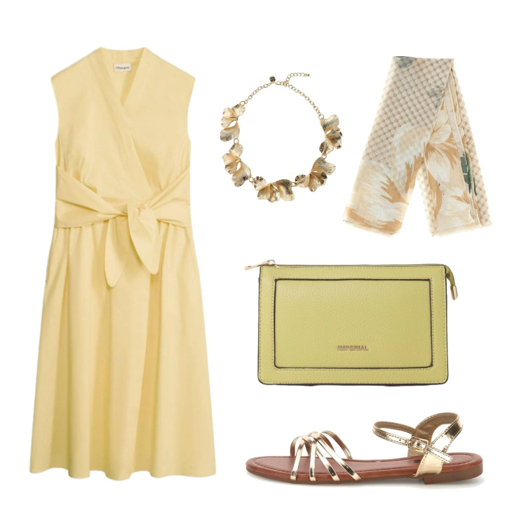 Outfit donna - Sui toni del giallo. Stile Chic per Tutti i giorni. Abbinamento con vestiti, borse a tracolla, collane, foulard, sandali.