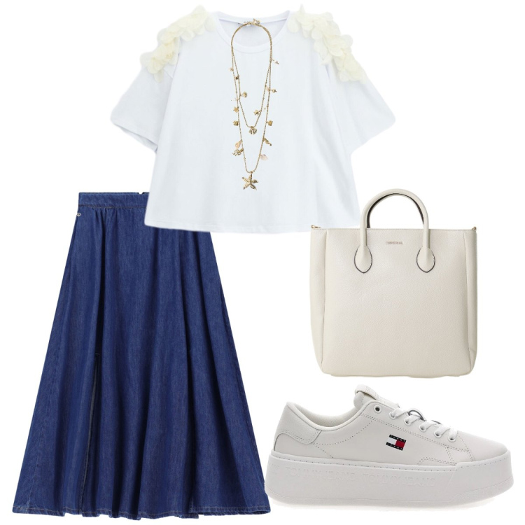 Outfit donna - Total look #2411232. Stile Casual per Tutti i giorni. Abbinamento con collane, borse a tracolla, gonne lunghe, t-shirt, sneakers.